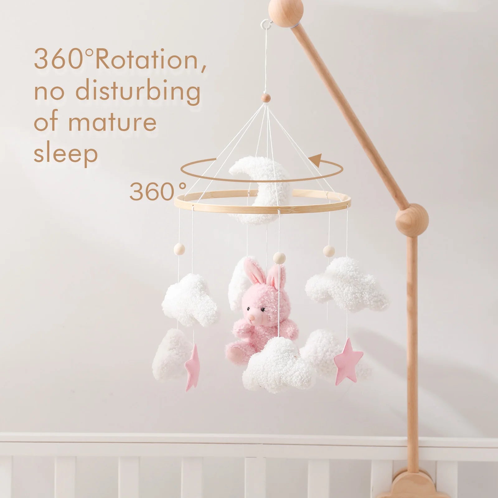 Baby Crib Mobile Wooden Rattle Toy Bed Bell Mobile Hanging Teddy Velvet Bear Doll Toy Newborn Music Box Crib Mobile Bracket Gift