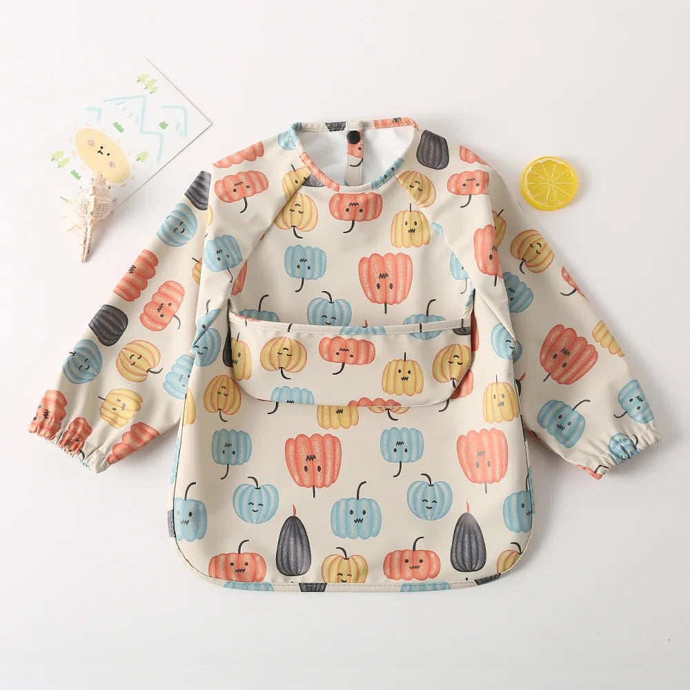 Easy Wear Long Sleeved Bib Baby Toddler Soft PU Bibs Painting Waterproof Meals Protection Washable Easy Clean Smock for Children
