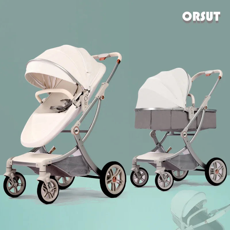New Egg-shell 3-in-1 Baby Stroller Foldable High-view Baby Stroller with Car Seat Sitting and Lying Baby Stroller Two-way