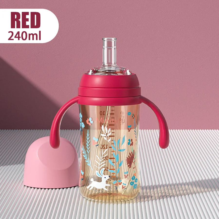240 ml cup with handle Innovative square water bottle PP material soft liquid silicone straw for babies 6 months and up