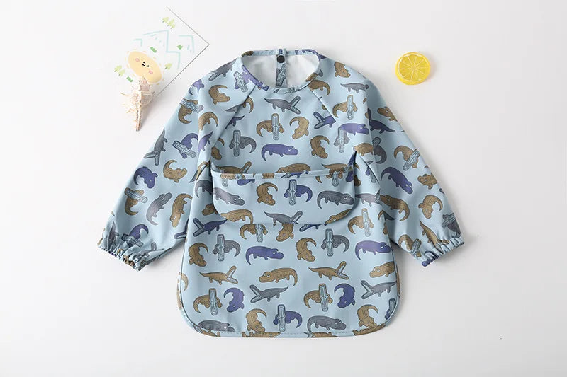 Easy Wear Long Sleeved Bib Baby Toddler Soft PU Bibs Painting Waterproof Meals Protection Washable Easy Clean Smock for Children