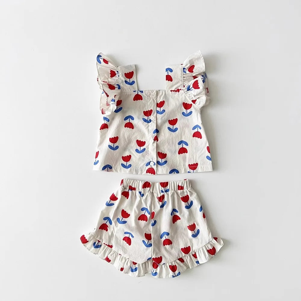 2025 Summer New Baby Girl Cute Flower Print Clothes Set Infant Girl Sling Fly Sleeve Tops + Shorts 2pcs Suit Toddler Outfits