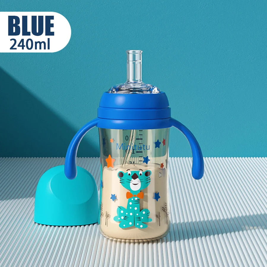 240 ml cup with handle Innovative square water bottle PP material soft liquid silicone straw for babies 6 months and up