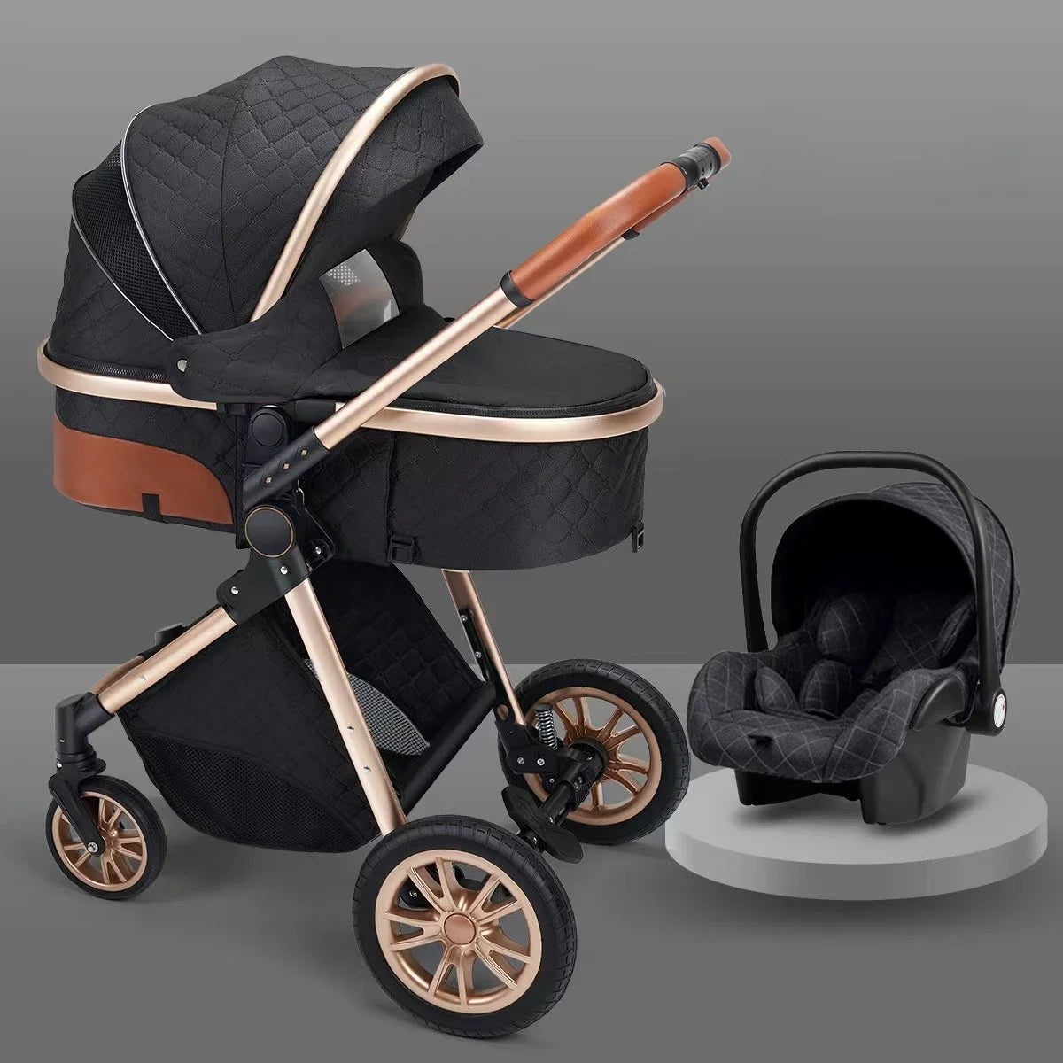 3-in-1high landscape baby stroller+safety basket for sitting and lying,lightweight folding,two-way shock-absorbing,0-3 years old