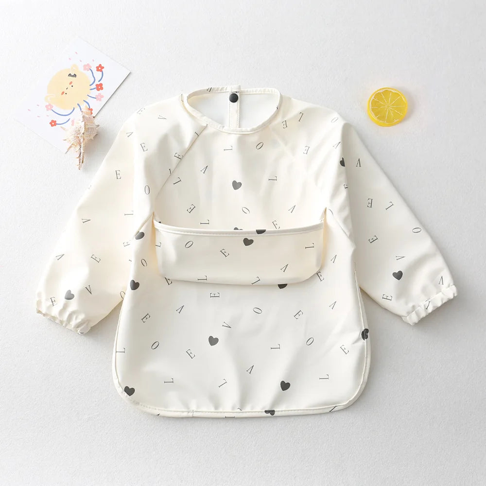 Easy Wear Long Sleeved Bib Baby Toddler Soft PU Bibs Painting Waterproof Meals Protection Washable Easy Clean Smock for Children