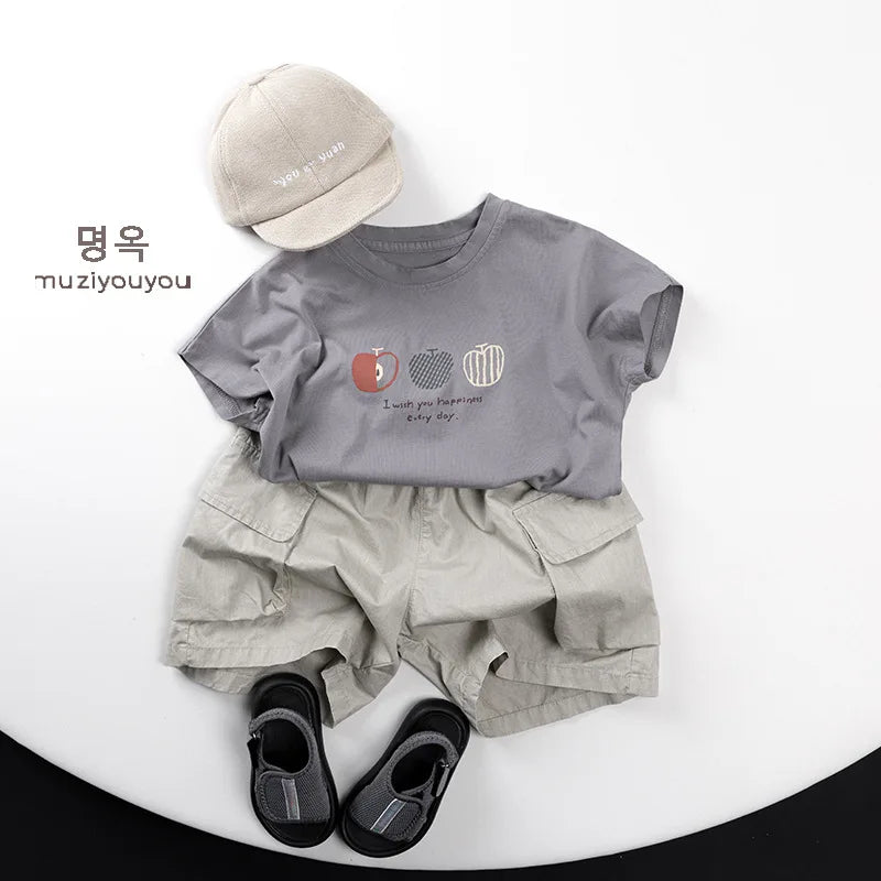 2025 Summer New Girls Short Sleeve T Shirts Children Casual Tops Boys Vintage Apple Print T Shirt Cotton Kids Tee Baby Clothes