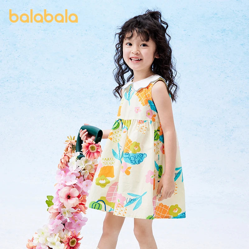 Balabala Dress Girls Dress Baby Children Wear 2024 Summer New Style Children Sleeveless Dress Fresh Floral Print