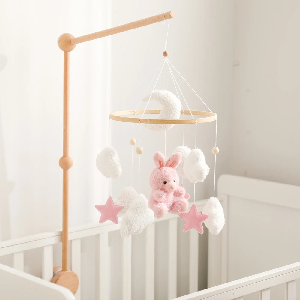 Baby Crib Mobile Wooden Rattle Toy Bed Bell Mobile Hanging Teddy Velvet Bear Doll Toy Newborn Music Box Crib Mobile Bracket Gift