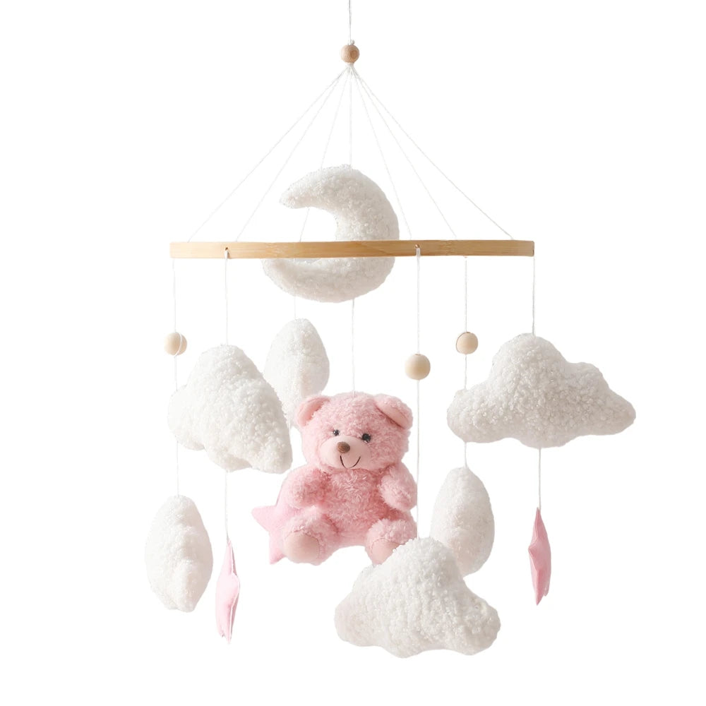 Baby Crib Mobile Wooden Rattle Toy Bed Bell Mobile Hanging Teddy Velvet Bear Doll Toy Newborn Music Box Crib Mobile Bracket Gift