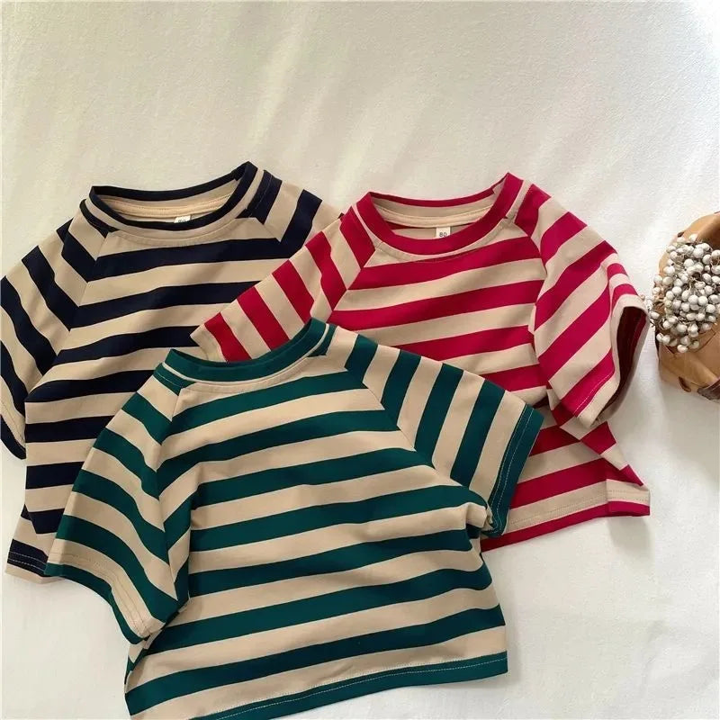 Korean Summer Children Boys T-shirts Cotton Striped Round Collar Infant Babys Boys Tops Loose Versatile Toddler Kids Boys Tees