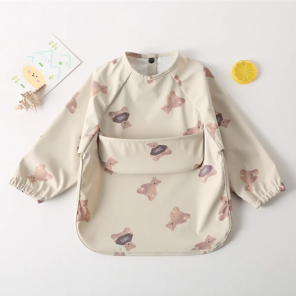Easy Wear Long Sleeved Bib Baby Toddler Soft PU Bibs Painting Waterproof Meals Protection Washable Easy Clean Smock for Children