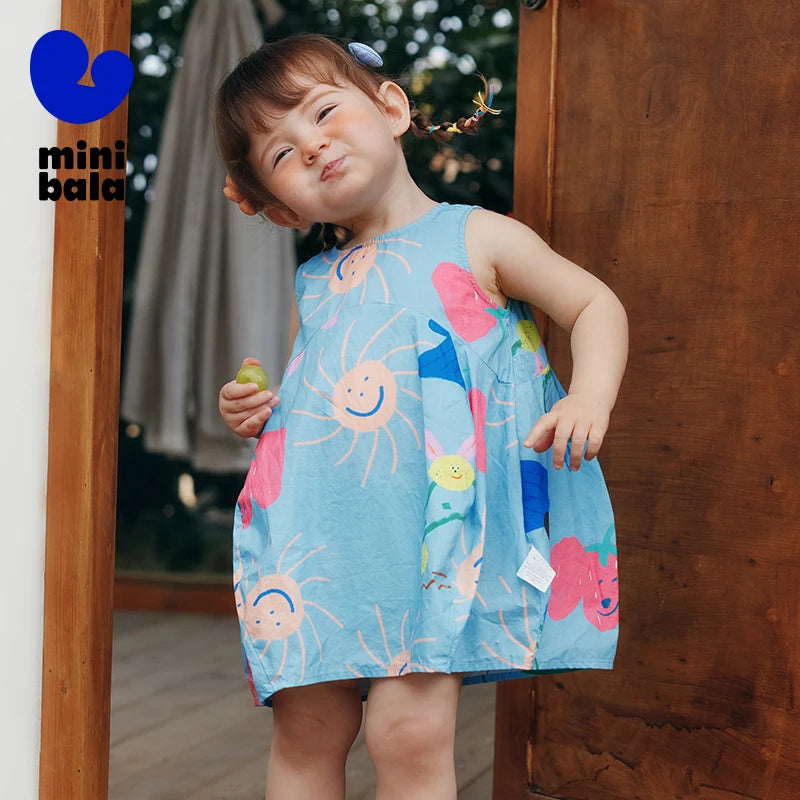 Mini Bala Cotton Sleeveless Dress Baby Girl Breathable Bubble Skirt for Casual Summer Wear