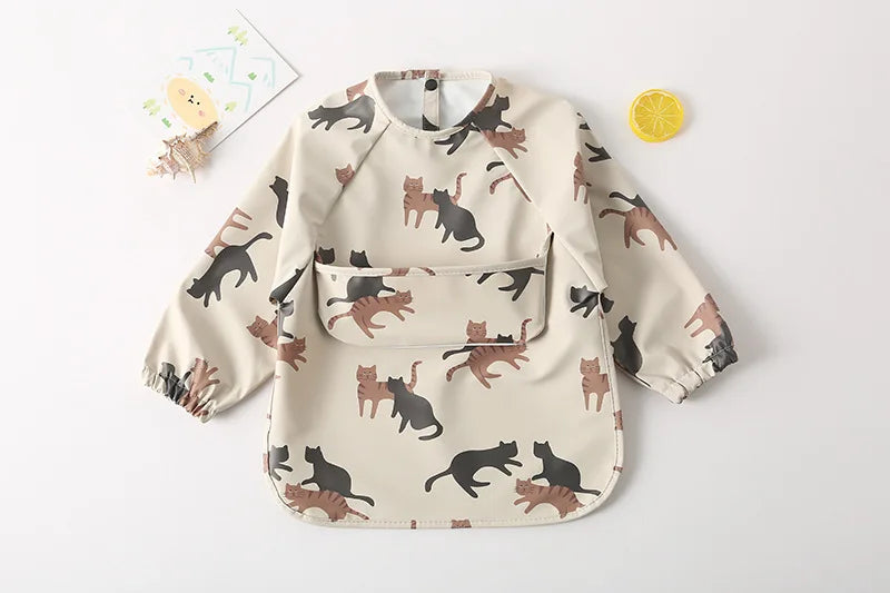 Easy Wear Long Sleeved Bib Baby Toddler Soft PU Bibs Painting Waterproof Meals Protection Washable Easy Clean Smock for Children