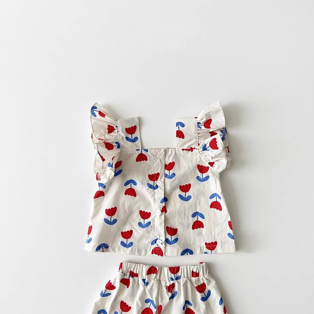 2025 Summer New Baby Girl Cute Flower Print Clothes Set Infant Girl Sling Fly Sleeve Tops + Shorts 2pcs Suit Toddler Outfits