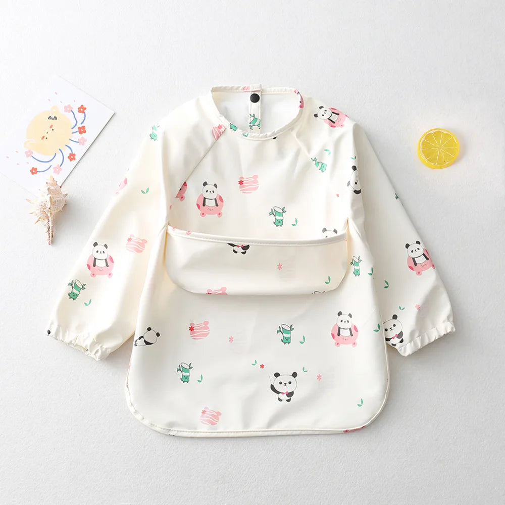 Easy Wear Long Sleeved Bib Baby Toddler Soft PU Bibs Painting Waterproof Meals Protection Washable Easy Clean Smock for Children
